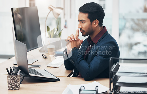 Image of Office, thinking and ideas, man at computer brainstorming ideas for online project with focus. Planning, concentration and Indian businessman on internet search for startup business idea at desk.