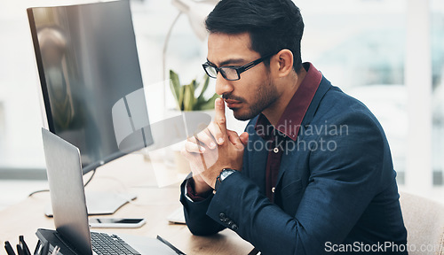 Image of Office, brainstorming and man at computer thinking of ideas for online project with serious concentration. Planning, analytics and Indian businessman on web search for startup business idea at desk.