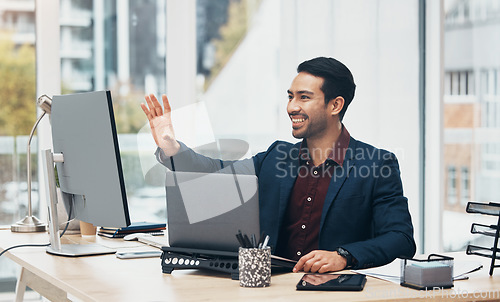 Image of Computer, invisible screen and business man in office with hand gesture for hologram, virtual tech and ai. Network, technology mockup and male smile at desk with laptop for internet, research and ux