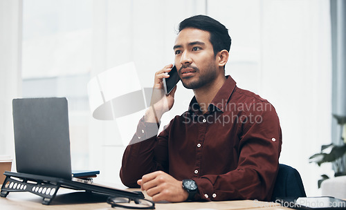 Image of Phone call communication, office and man talking to financial investment contact about bitcoin stock exchange. Crypto broker, ecommerce or forex account manager networking on NFT trading conversation