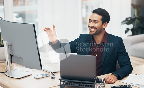 Image of Invisible screen, technology and business man in office with hand gesture for hologram, virtual tech and ai. Computer, network mockup and happy male at desk with laptop for internet, research and ux