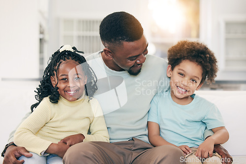 Image of Black family, home and children portrait with happiness and parent love in a living room. House, smile and happy kids with father care and support in a household together with dad feeling positive