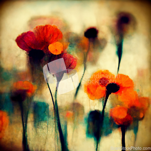 Image of Beautiful poppy field in bright sunlight. Spring flower backgrou