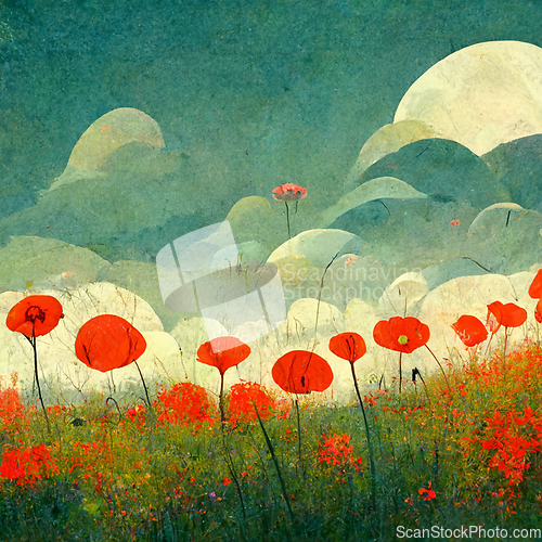 Image of Beautiful poppy field and cloudy sky. Spring flower background, 