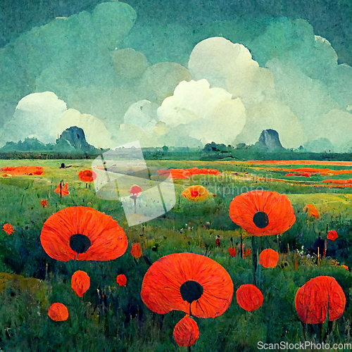 Image of Beautiful poppy field and cloudy sky. Spring flower background, 