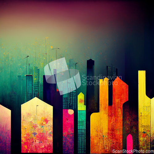 Image of Abstract night buildings in city on watercolor painting. City on