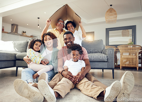 Image of Family, generations and security, love and insurance for protection, grandparents and parents with kids. Portrait, happy people together in living room with unity and safety for life and home cover