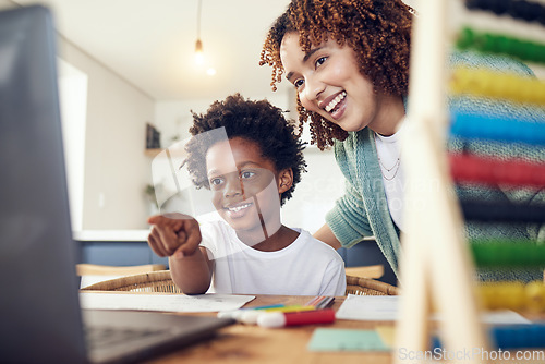 Image of Black family, mother and kid with laptop for elearning, online education and studying. Interracial homeschool, computer and smile of happy mama helping boy with homework, laughing and having fun.