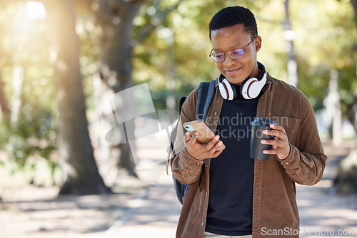 Image of Black man, phone or coffee on campus, park nature or garden for social media, internet research or class schedule. Smile, happy or student on mobile technology for learning growth with takeaway tea