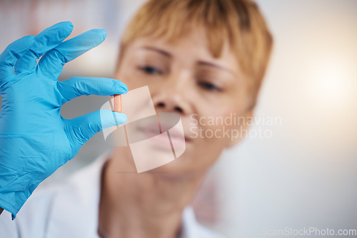 Image of Pharmacist, pharmacy and hands of woman with pills, medication or antibiotics in drugstore. Healthcare, wellness and medical doctor look, check or quality inspection of drugs, medicine or supplements