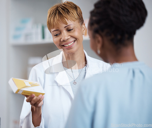 Image of Pharmacy, pharmacist and woman with medication for customer, pills or box in store. Healthcare, senior and happy medical doctor with prescription medicine, drugs or vitamins, supplements or product.