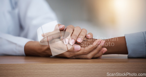 Image of Hope, black woman or doctor holding hands in hospital consulting for medical test news or results for sympathy. Empathy, sad or zoom of nurse in healthcare clinic nursing or helping sick patient