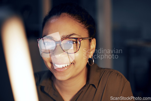 Image of Computer night, face portrait and black woman review article for media app, website database or social network feedback. Brand copywriting, online blog editor and happy journalist editing news post