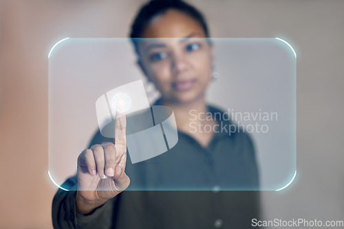 Image of Futuristic, hologram and black woman with finger on button in future technology and digital overlay virtual reality. Hands, biometric security system and innovation in ux design, touch screen mockup.