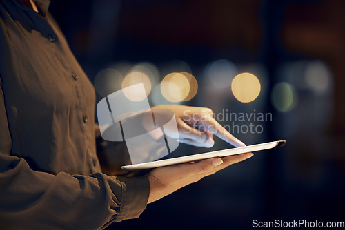 Image of Tablet scroll, hands and night woman typing data analysis, business feedback report or customer experience insight. Brand monitoring ui, social media research or worker review of system app analytics