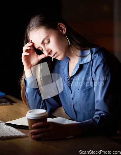 Image of Business woman, headache and tired with burnout and working night, stress migraine and mental health. Female employee at desk, overtime and fatigue, overworked and exhausted, depression and brain fog