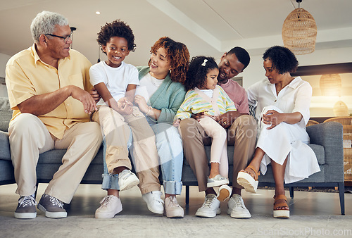 Image of Love, relax and black family on couch, quality time and conversation for bonding, weekend break and smile. Grandparents, mother and father with kids, siblings or children on sofa, happiness or loving