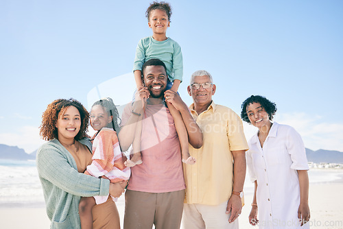 Image of Portrait, love and family on beach, quality time and happiness with joy, cheerful and adventure. Face, happy grandparents and mother with father, siblings and children on seaside holiday and vacation