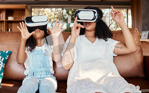 Image of VR glasses, mother and child on couch in metaverse, futuristic gaming or high tech, 3d experience at home. Virtual reality, digital interaction and mom, kid or family with video games for holiday fun