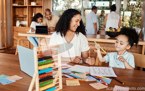 Image of Learning, home education and mother with child for translation, language development or numbers in family house. Mom or happy woman and kid helping, support or teaching him maths and writing together