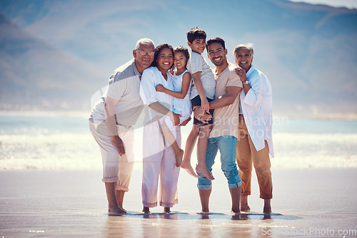 Image of Beach, portrait of grandparents and parents with kids, smile and bonding together on ocean vacation. Sun, fun and happiness for hispanic men, women and children on summer holiday adventure in Mexico.