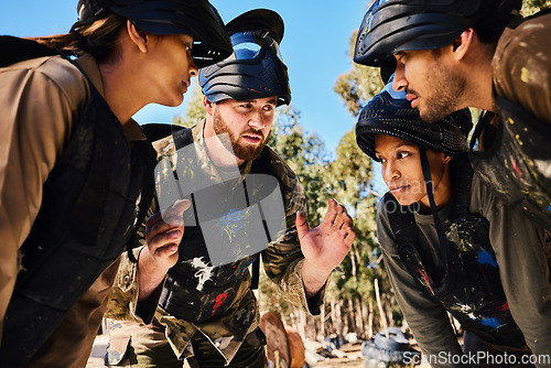 Image of Planning, paintball team or hands in huddle for strategy, hope or soldier training on war battlefield. Mission, game or serious army people speaking for support, collaboration or military group