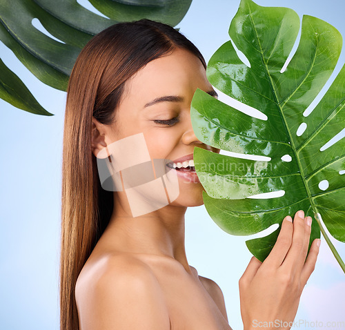 Image of Woman, smile and leaf in natural beauty and organic skincare cosmetics for self love or care against a blue studio background. Happy female smiling and holding leafy green plant for healthy wellness