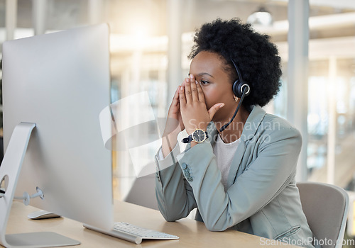Image of Headache, tired and call center woman with stress, fatigue or anxiety for telemarketing fail, mistake or work crisis. Professional consultant or person with mental health problem, sad or depression