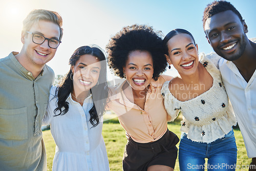 Image of Friends, diversity and bonding hug in park, nature environment or sustainability garden for profile picture, travel fun or summer holiday. Portrait, smile and happy men, women and people in location