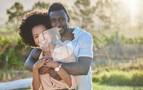 Image of Couple, black people and hug in park portrait with smile, sunshine and happiness for romantic love. Young black man, black woman and bonding embrace on summer adventure, relax and outdoor in Atlanta