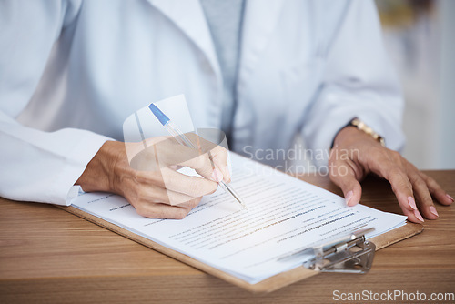 Image of Doctor, woman hands and reading documents on clipboard of monkeypox research, consulting report and planning. Closeup medical worker writing healthcare paperwork for planning, administration and test