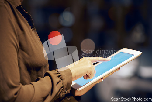 Image of Tablet scroll, hands and business woman typing data analysis, night feedback report or customer experience insight. Brand monitoring ui, social media research or worker review of system app analytics