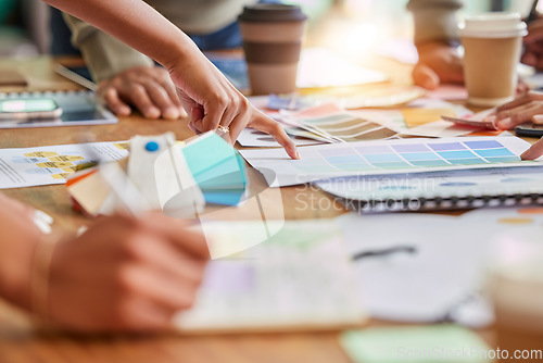 Image of Color, creative meeting and hands of business people on desk for branding design, strategy and marketing logo. Teamwork, palette project and designers brainstorming ideas, thinking and planning