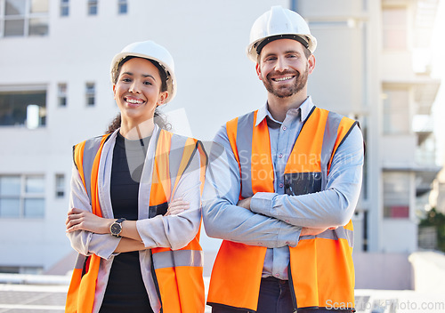 Image of Proud portrait of engineering people in outdoor, construction site, development or project management mindset. Architecture, contractor or builder woman and partner in building or industry leadership