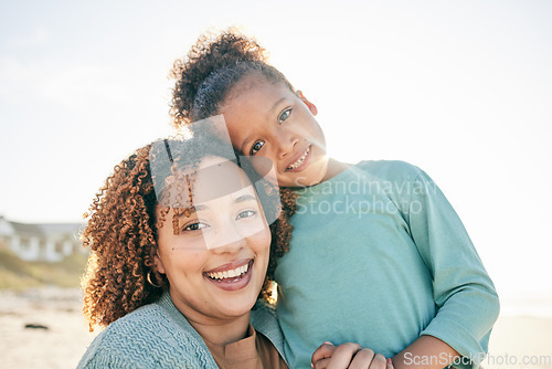 Image of Happy mother, girl portrait and sea holiday with a smile on mothers day with love. Outdoor, beach and vacation break of a mom and child together with parent love and care in the sun with a hug