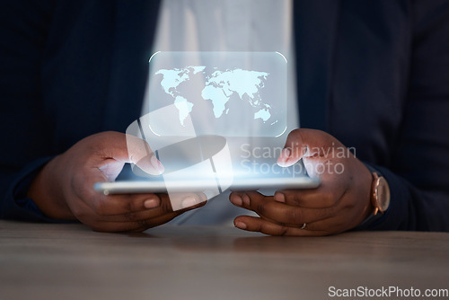Image of Map hologram, tablet and business hands for global networking, futuristic technology and digital software app. Optimize connection, night tech screen and professional person with worldwide overlay
