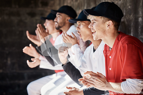 Image of Sports applause, baseball winner or team in celebration of game success in fun victory, competition or goals dugout. Winning homerun, fitness motivation or happy softball players excited for teamwork
