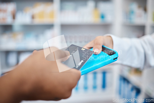 Image of Credit card, hands and payment tap technology for retail, healthcare and people in pharmacy drug store. Money, machine and shopping for prescription medicine, health insurance and customer buying