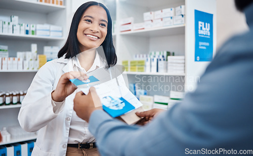 Image of Pharmacy shopping product, pharmacist or customer buying clinic pills, medical pharmaceutical or healthcare medicine. Supplements package pamphlet, drugs store client or woman in hospital retail shop