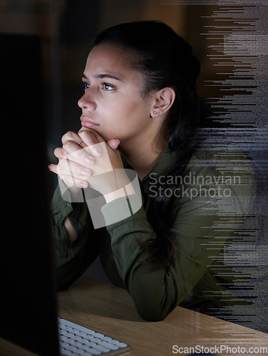 Image of Thinking, digital hologram and woman on computer in office for coding, programming and online data at night. Technology overlay, idea and female worker focus on pc for research, network and analytics