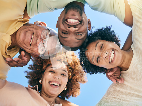 Image of Circle, senior parents and portrait of family with smile, hugging and embrace in huddle in below view. Blue sky, summer and happy adult children with mother and father for support, bonding and trust