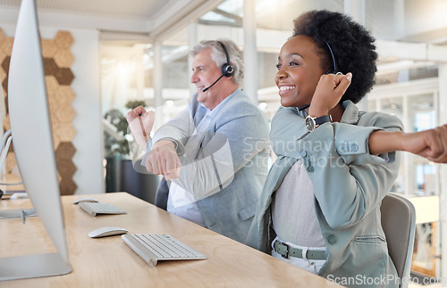Image of Telemarketing, business and employees stretching, success and modern office for customer service, help and advice. Coworkers, consultants and agents with smile, headset and stretch arms in workplace