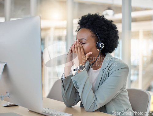Image of Sad, tired call center woman stress, fatigue or anxiety in telemarketing fail, career risk or work crisis. Professional consultant, agent or person with headache, mental health problem or depression