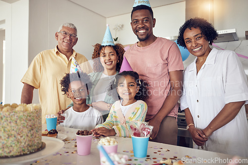 Image of Family, generations and portrait at birthday, celebration and anniversary with grandparents, parents and children. Happy people, celebrate with cake and candy, party hat and smile with love at event