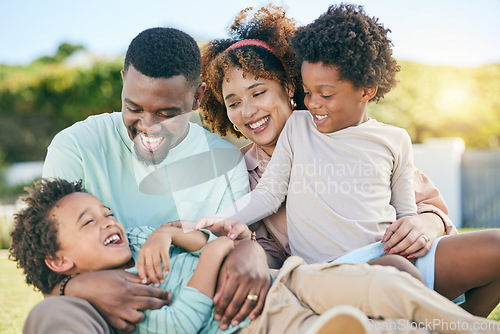 Image of Family, parents and kids, travel and vacation abroad, love and care with fun and freedom outdoor. Support, unity and happiness, mother and father with children and happy people on holiday in Jamaica