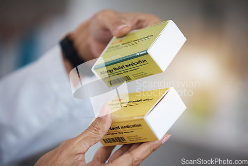 Image of Pharmacy, pharmacist and hands with allergy medication, pills or box in drugstore or shop. Healthcare, wellness and medical doctor or woman with medicine, drugs or product for relief of allergies.