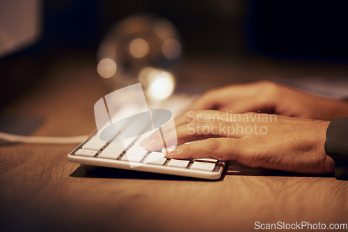 Image of Computer keyboard, hands and night woman typing online data analysis, feedback report or customer experience insight. Brand monitoring software, social media research and worker review web analytics