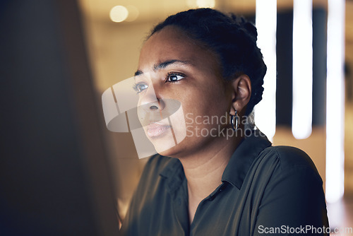 Image of Computer reading, night face and black woman concentration on article review for online media, website or social network feedback. Brand copywriting, blog editor focus or journalist editing news post