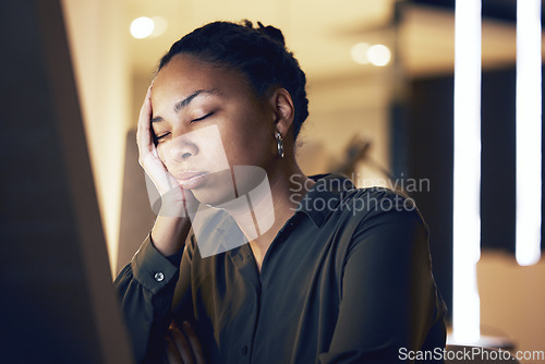 Image of Computer, night sleep and black woman tired after overtime bookkeeping, spreadsheet accounting or business data analysis. Office fatigue, dream and admin accountant sleeping, exhausted and overworked