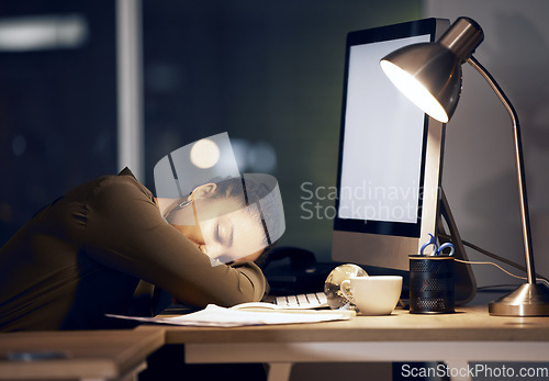 Image of Computer, tired night and black woman sleeping after mockup bookkeeping, spreadsheet accounting or data analysis. Business office fatigue, dream and admin accountant sleep, exhausted and overworked